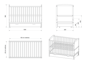 Schemat z wymiarami łóżeczka Leo z szufladą