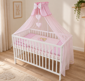 Łóżeczko dziecięce Classic Nest 120x60 cm z materacem, różową pościelą i baldachimem