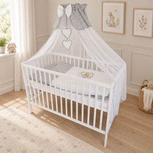 Classic Nest 120x60 z szarą pościelą i baldachimem – łóżeczko niemowlęce