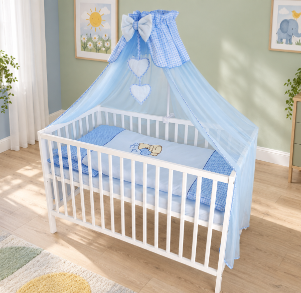 Classic Nest 120x60 z niebieską pościelą – kompletne łóżeczko dla niemowlaka
