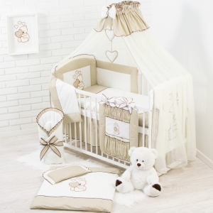 Ciemno beżowy zestaw łóżeczka 17 częściową z pościelą