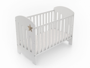 Dzieciece łóżeczko dla niemowląt w białym kolorze i ozdobną gwiazdą