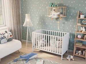Pokój dziecięcy wyposażony w białe łóżeczko Mavi